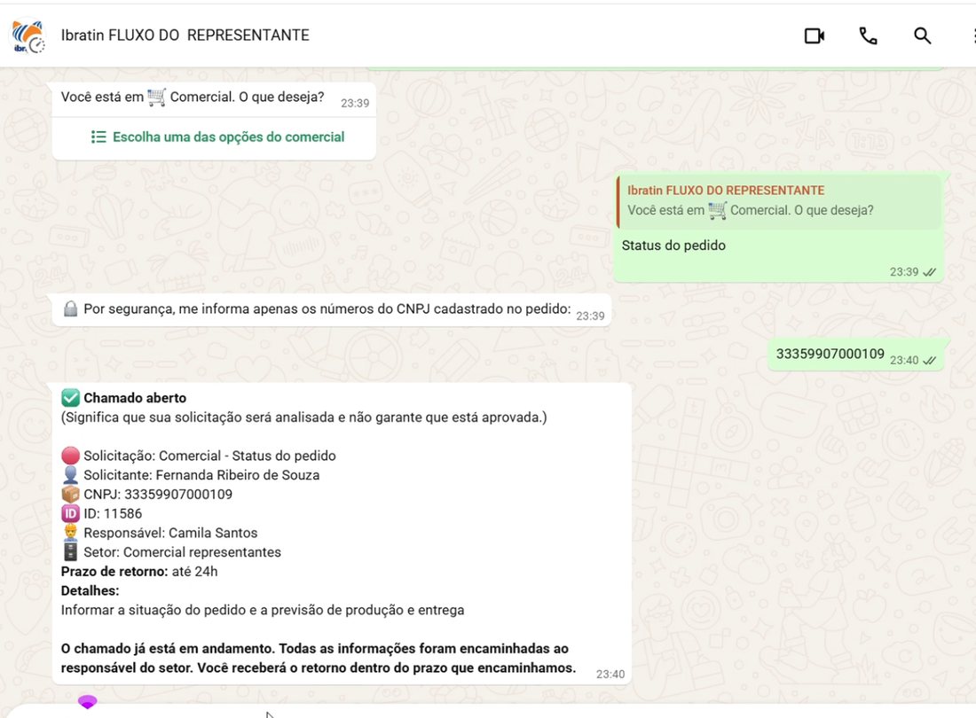 Mensagem de Chamado aberto
