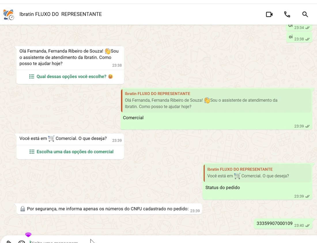 Menu do bot no WhatsApp